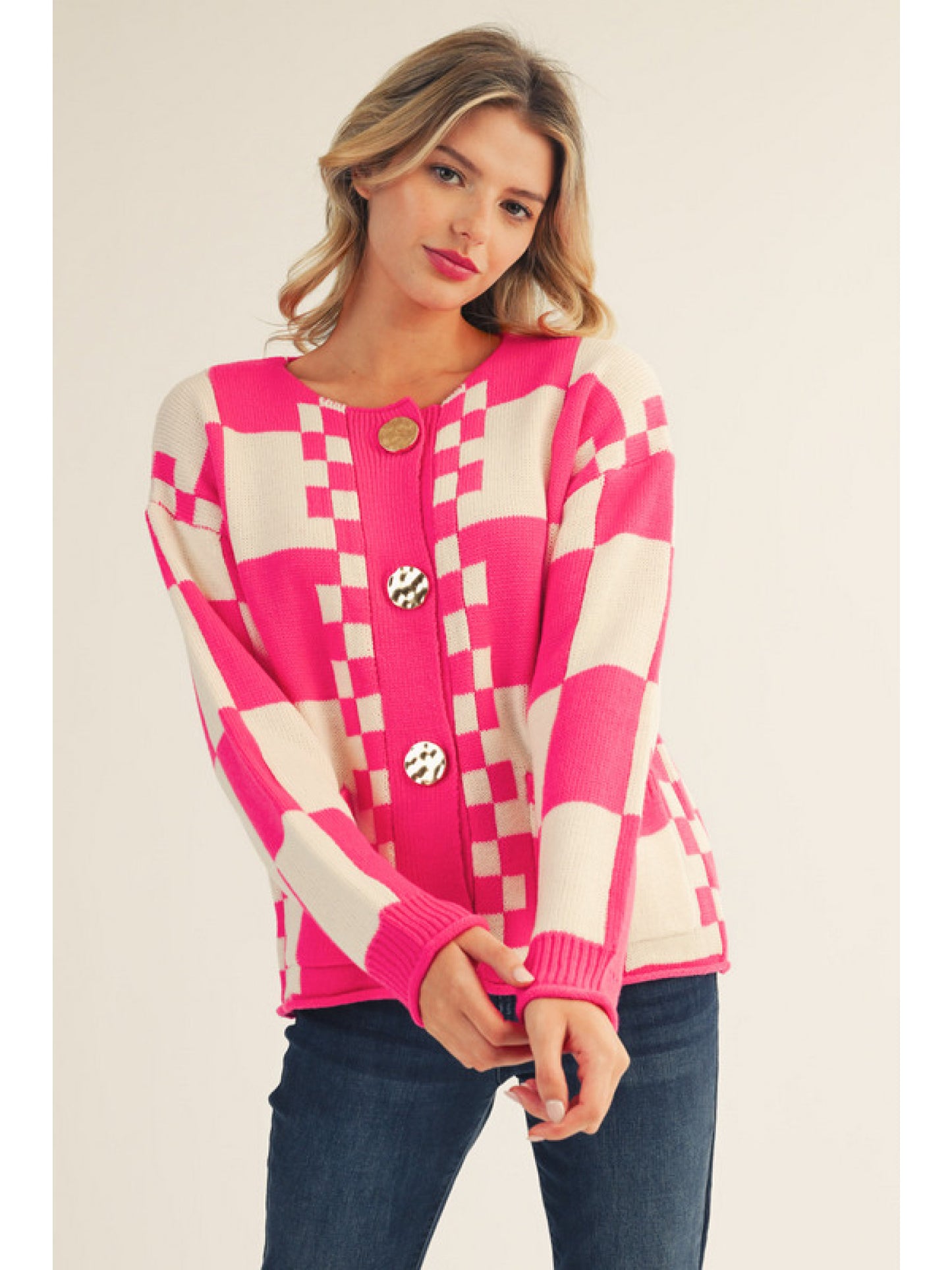 Hot Pink & Cream Checkered Sweater Cardigan