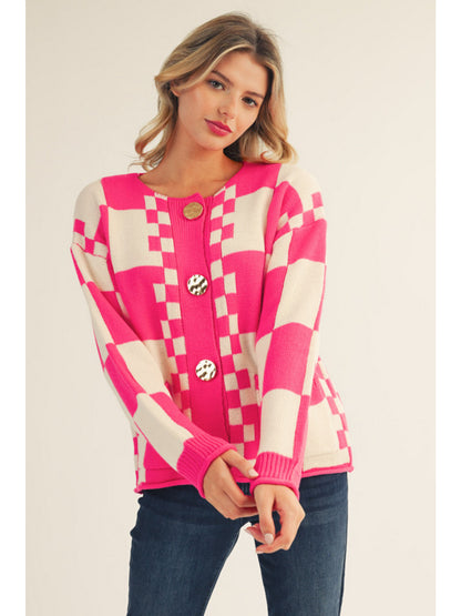 Hot Pink & Cream Checkered Sweater Cardigan