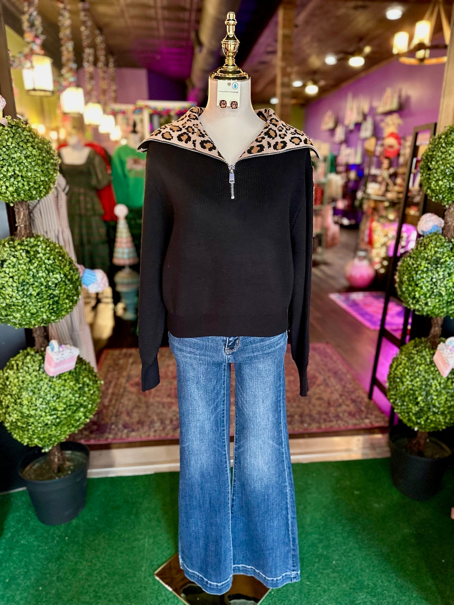 Black & Leopard Mock Neck Front Zip Sweater