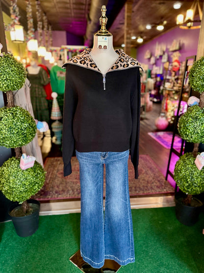 Black & Leopard Mock Neck Front Zip Sweater