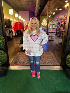 Pink Striped White French terry Pull over w/ Sequin heart