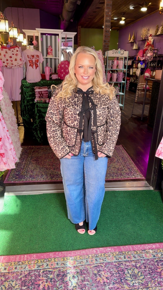 LeopardJacquard Bow-Tie Quilted Jacket