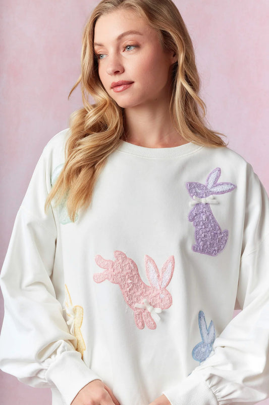 Tweed Embroidered Easter Bunny Sweatshirt