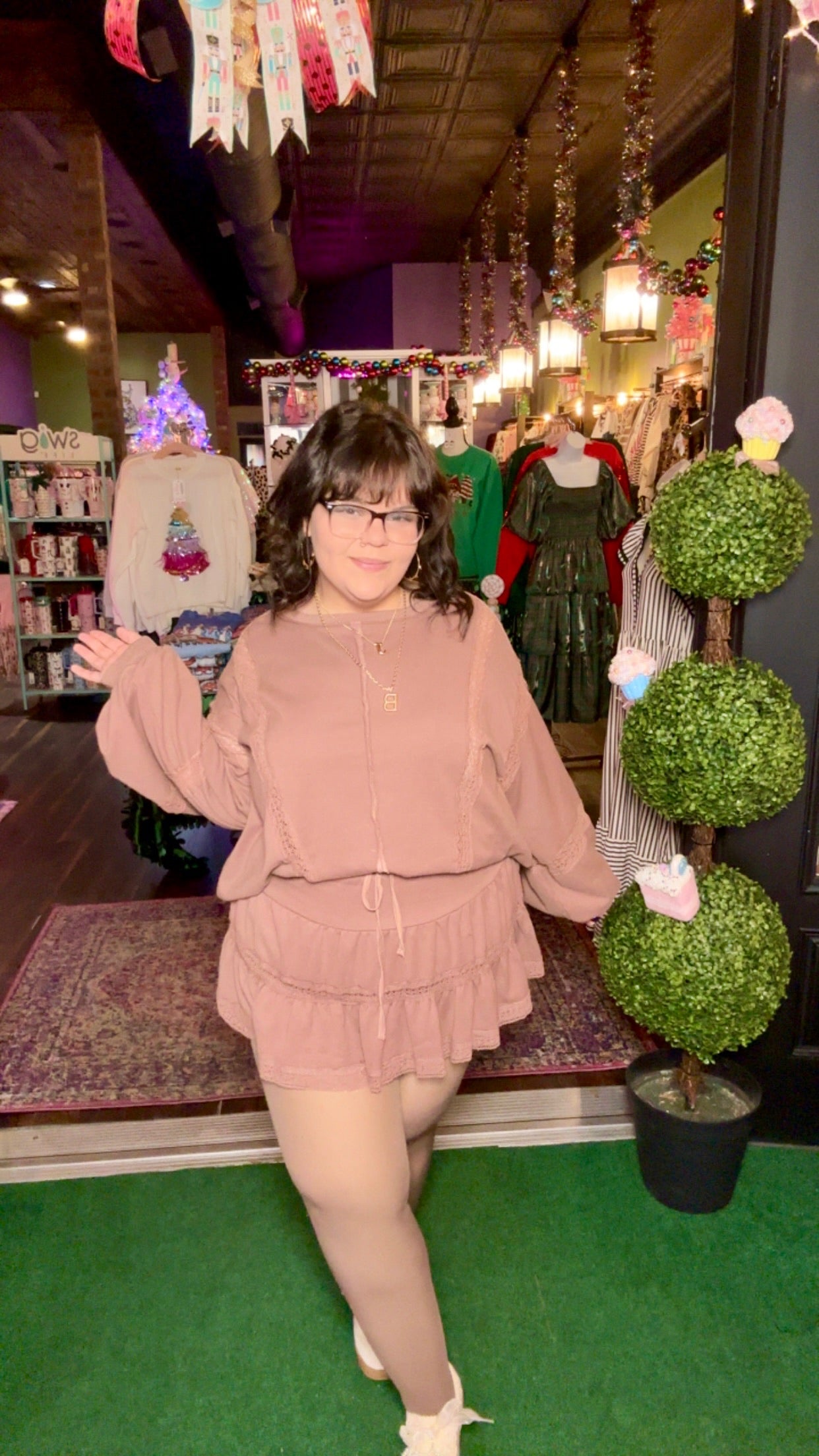Brown Lace Trim Top & Skort Set