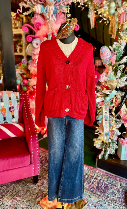 Red Chunky Knit Button-Up Cardigan