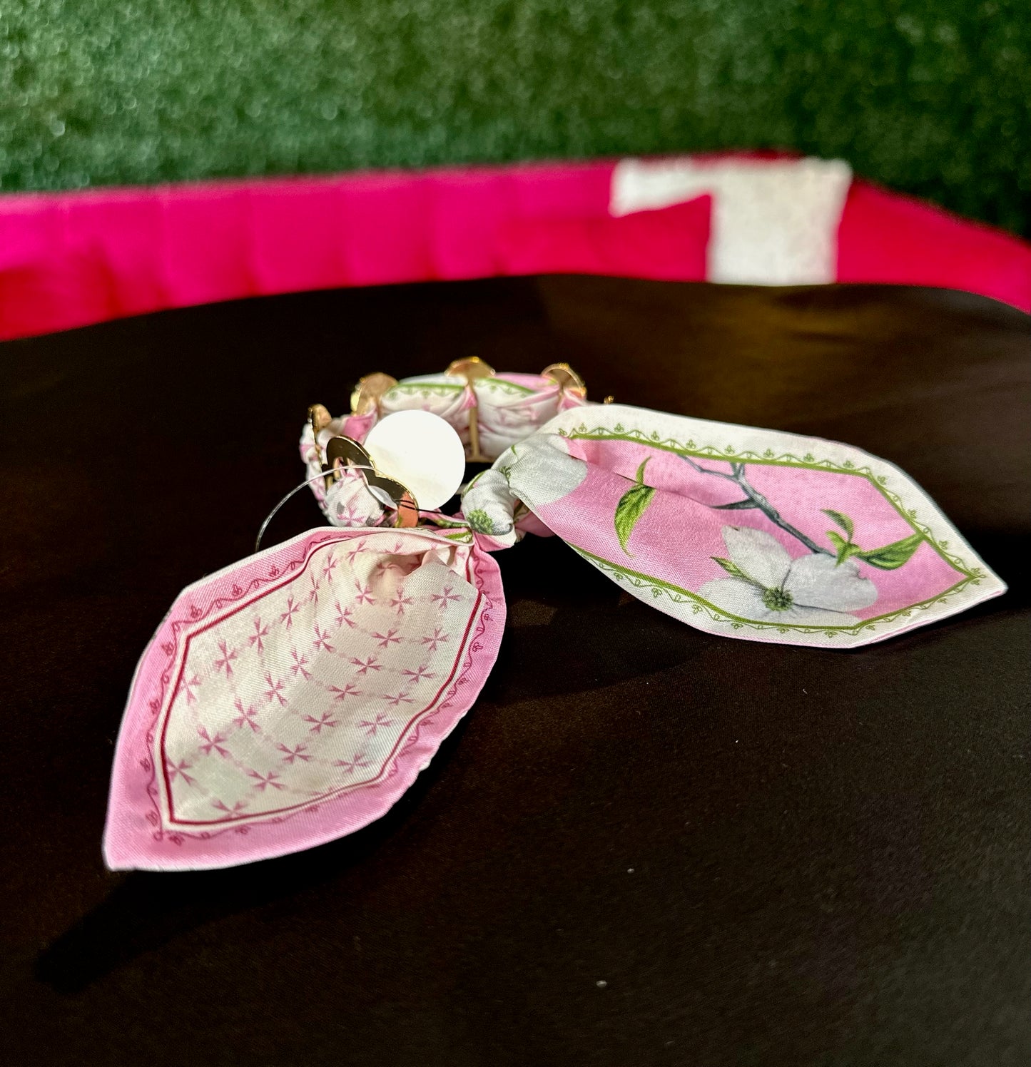 Metal Clover & Pink Floral Scarf Bracelet