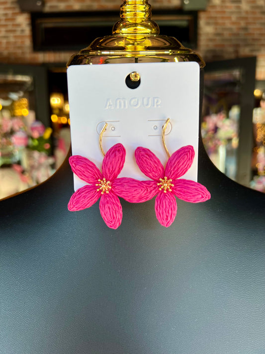 Fuchsia Raffia Flower Drop Earrings