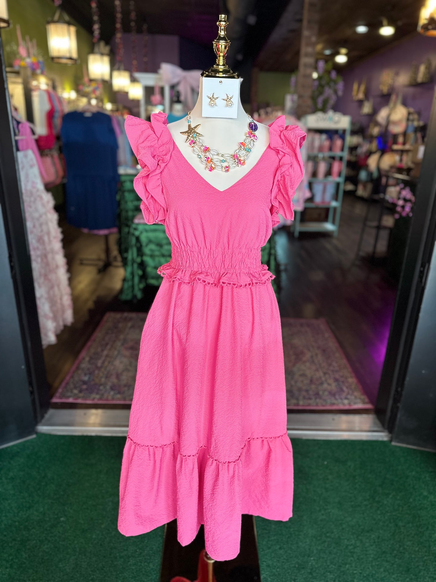 Hot Pink Ruffle Shoulder Maxi Dress
