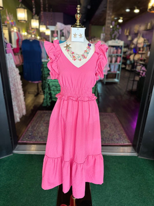 Hot Pink Ruffle Shoulder Maxi Dress