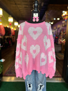 Pink Loose fit Heart Sweater w/ Pearls
