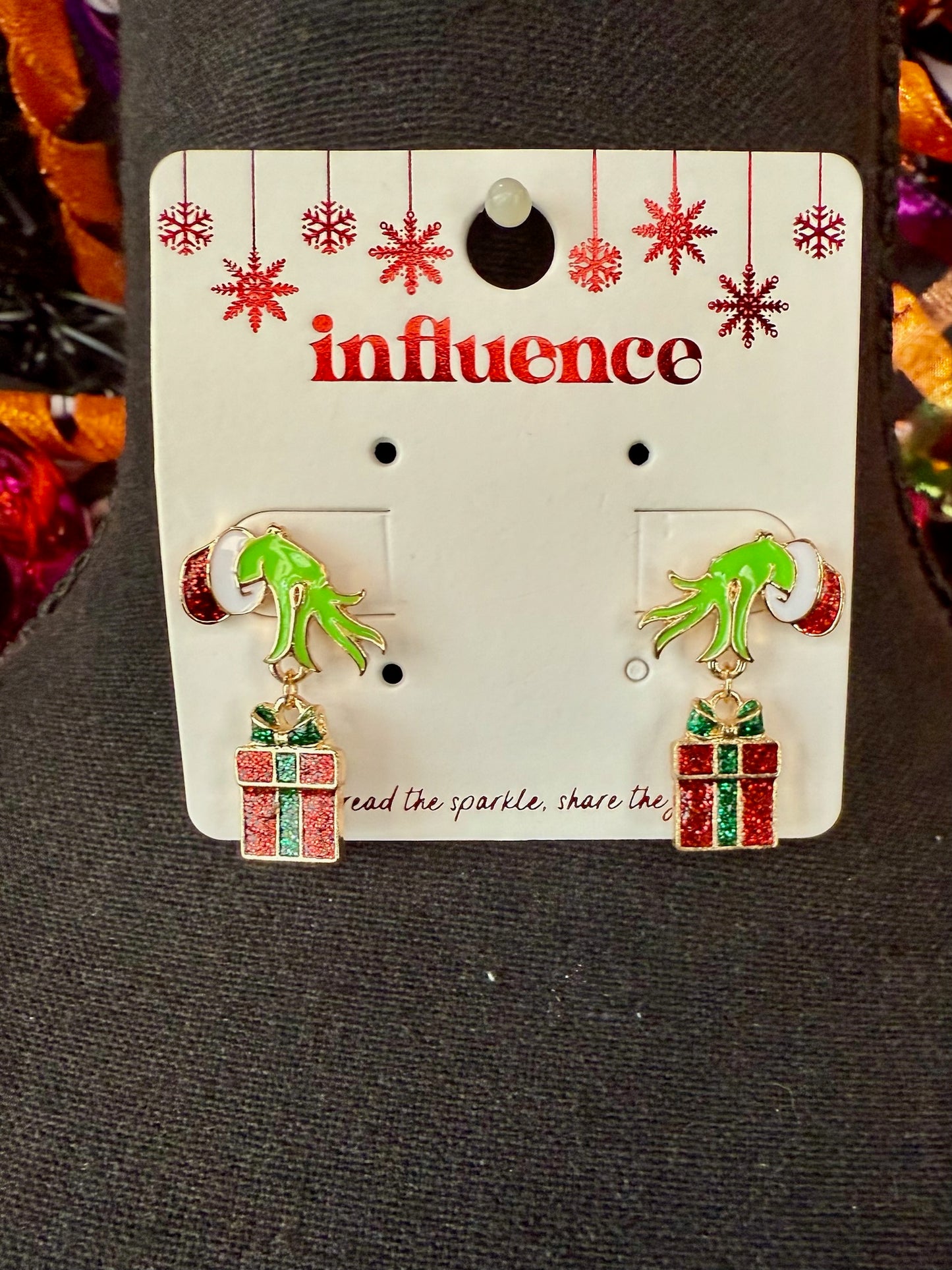 Grinch Hand & Present Dangle Earrings