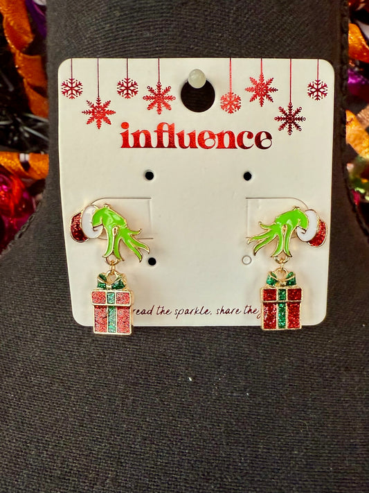 Grinch Hand & Present Dangle Earrings