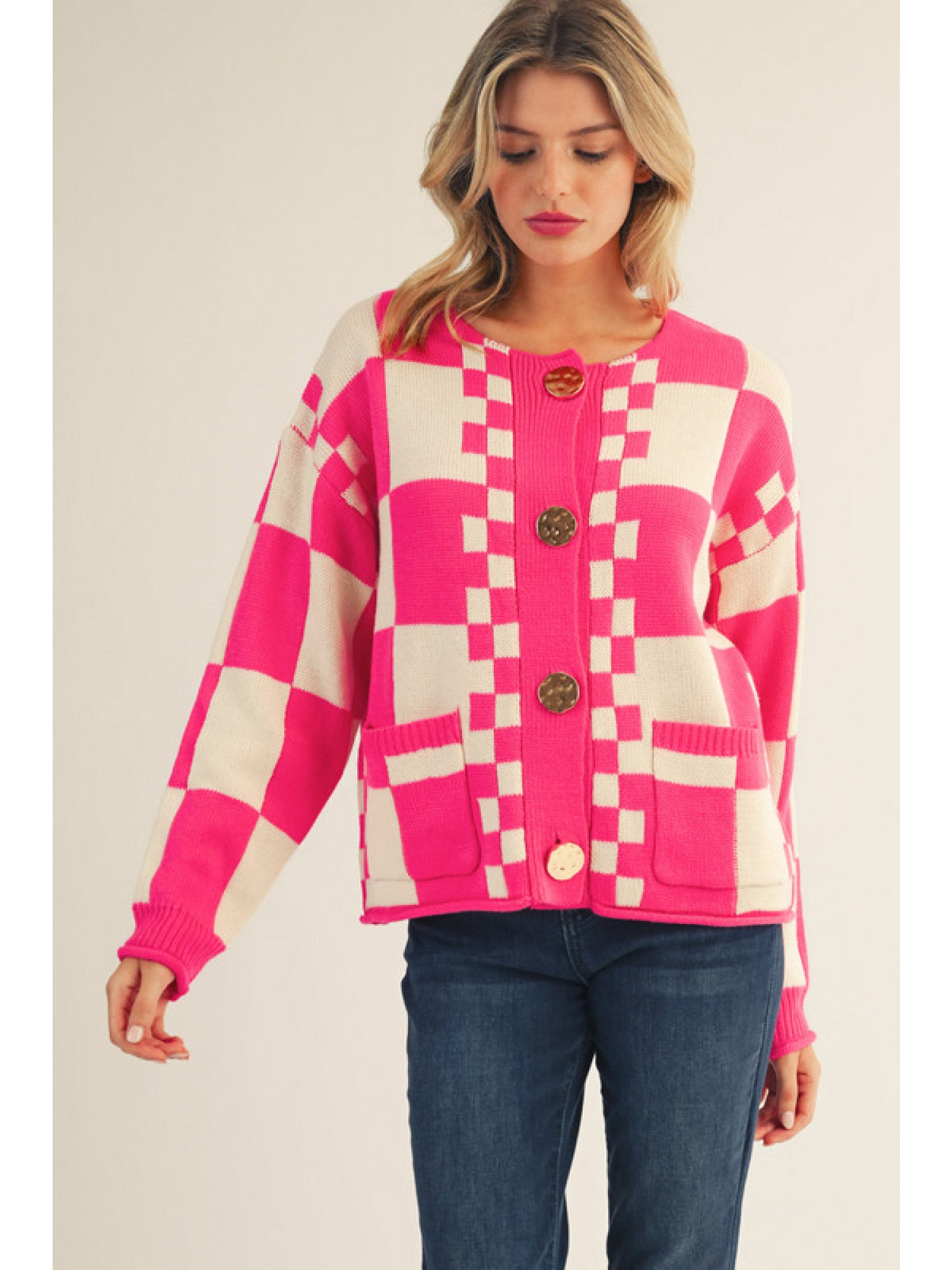 Hot Pink & Cream Checkered Sweater Cardigan