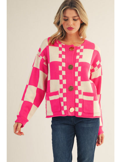 Hot Pink & Cream Checkered Sweater Cardigan