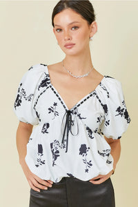 White Bubble Hem Floral Blouse