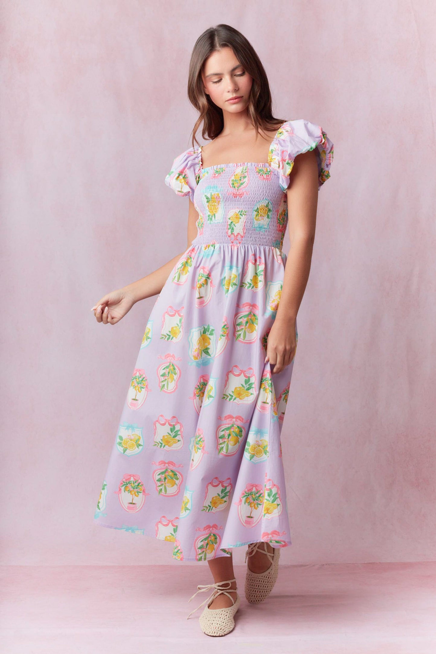Lemon Print Poplin Midi Dress