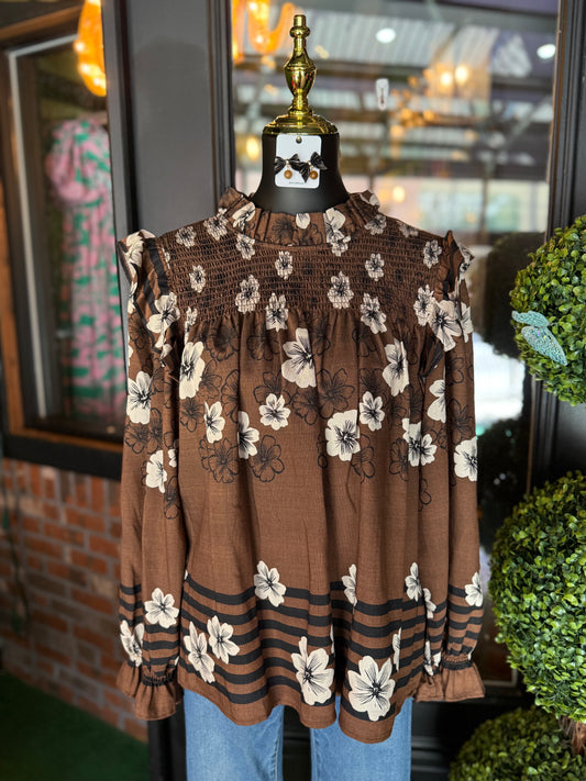 Brown Floral Mix Smocked Ruffle Blouse