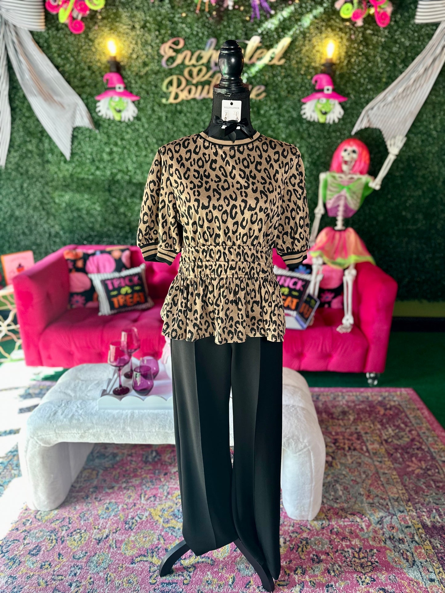 Puff Sleeve Leopard Print Peplum Top