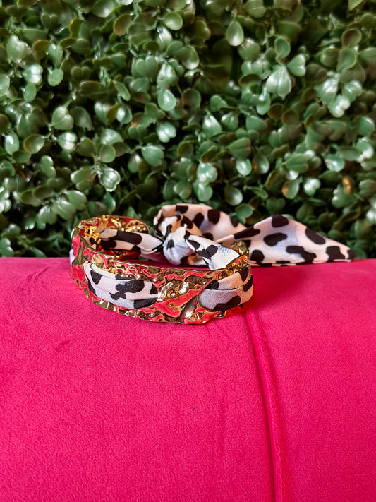 Black & White Leopard Scarf-Threaded  Metal Bracelet