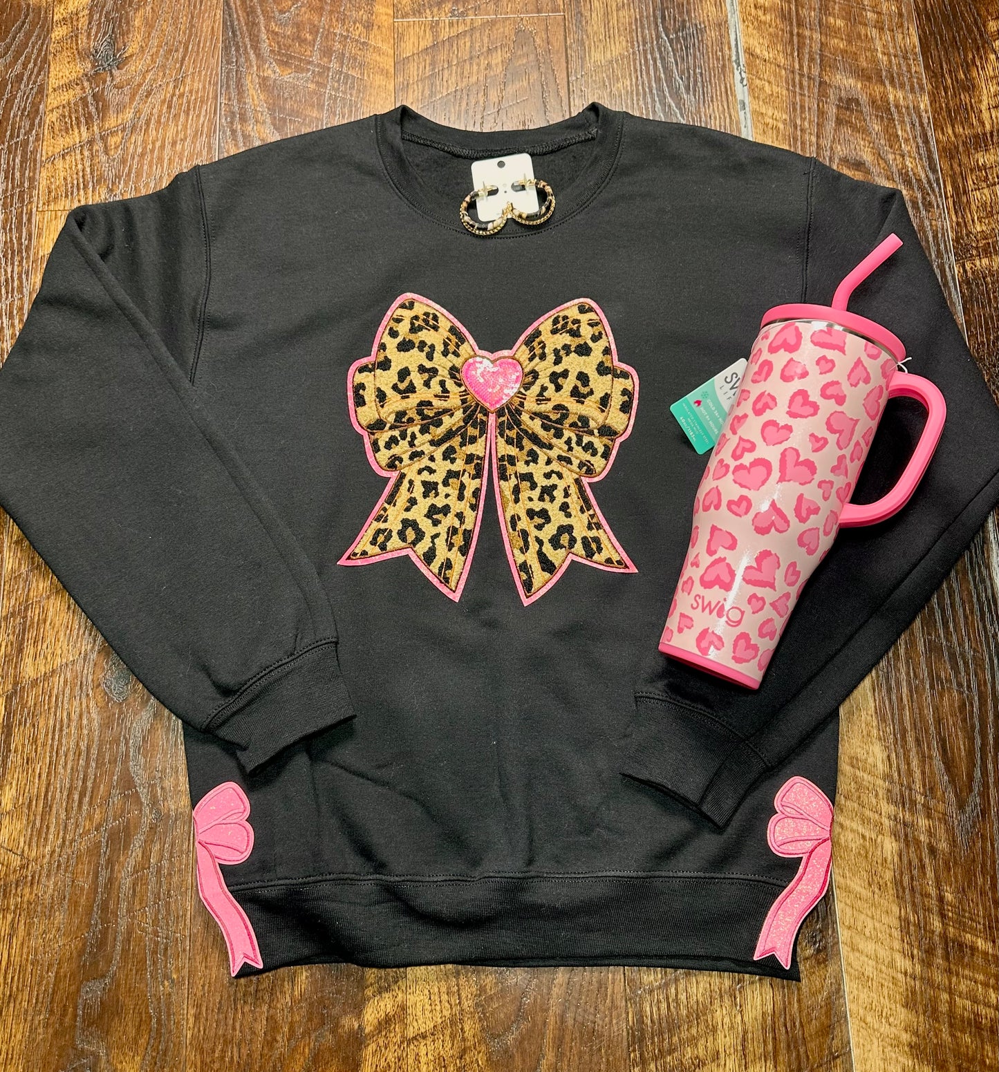 Leopard Bow & Pink Glitter Side Bows Sweatshirt