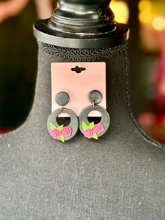Black Clay Disc Earrings with Roses