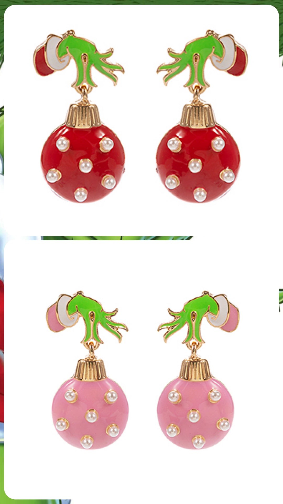 Grinch Hand & Ornament Drop Earrings