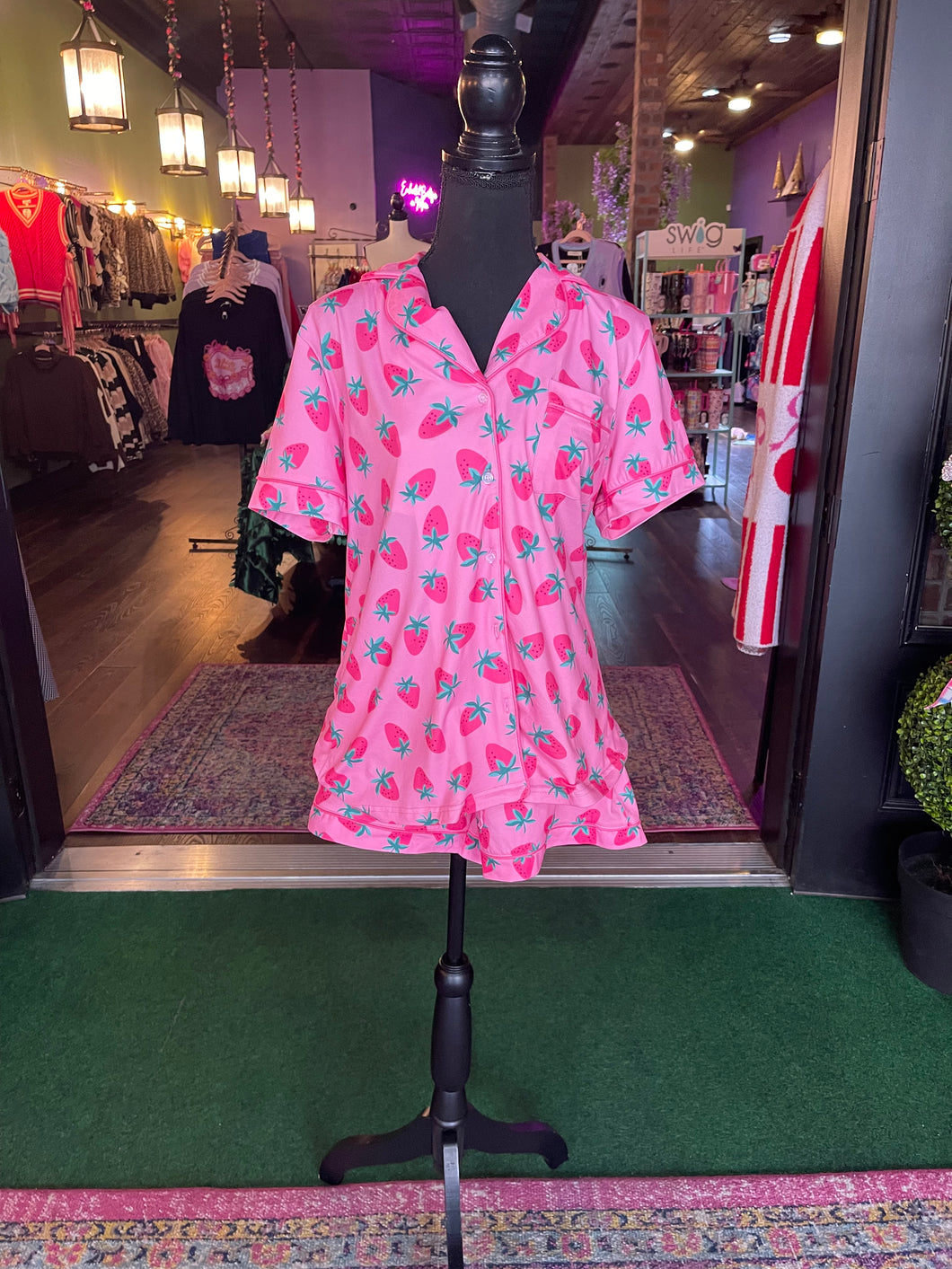Pink Strawberry Print Pajamas