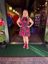 Load image into Gallery viewer, Black &amp; Pink Floral Print Ruffled shoulder Dress
