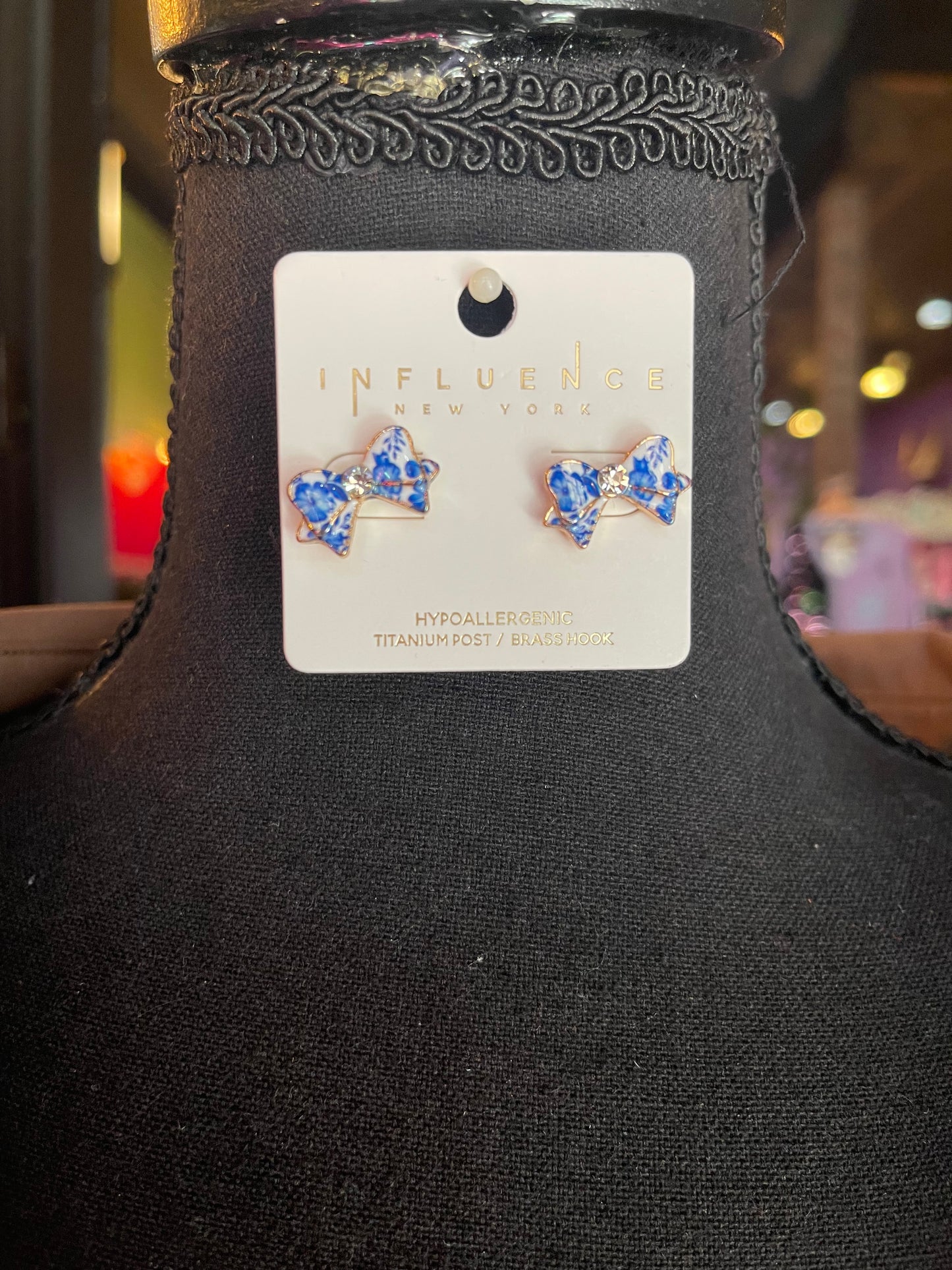 Blue Floral Bow Studs