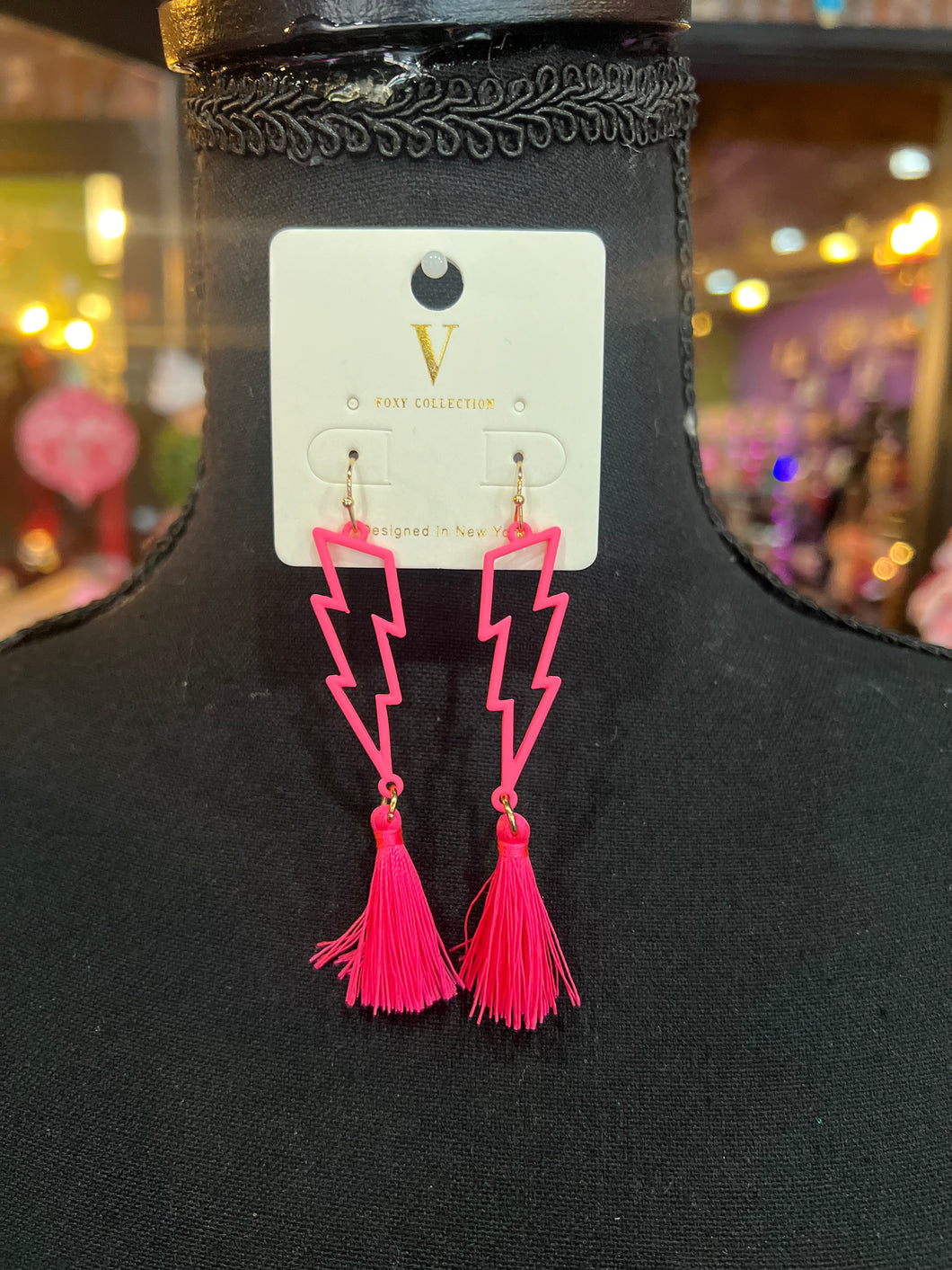 Hot pink Lightening bolt & tassel earrings