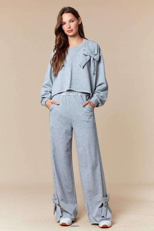Heather Gray French Terry Bow Sweatshirt & Pants Set