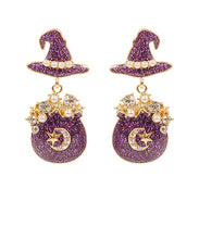Load image into Gallery viewer, Purple Glitter Witch’s Hat &amp; Cauldron Earrings
