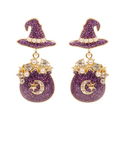 Purple Glitter Witch’s Hat & Cauldron Earrings