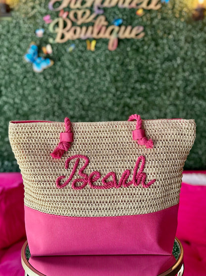 Hot Pink BEACH Straw Tote Bag