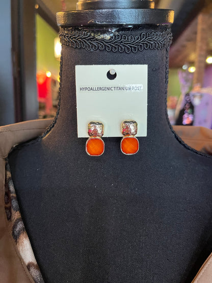 Dark Orange & Gold Stone Stud Earrings