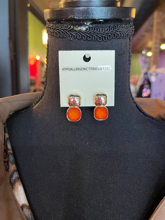 Dark Orange & Gold Stone Stud Earrings
