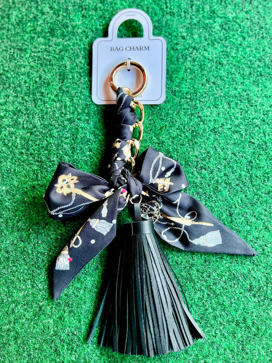 Key Print Bow Scarf & Tassel Bag Charm