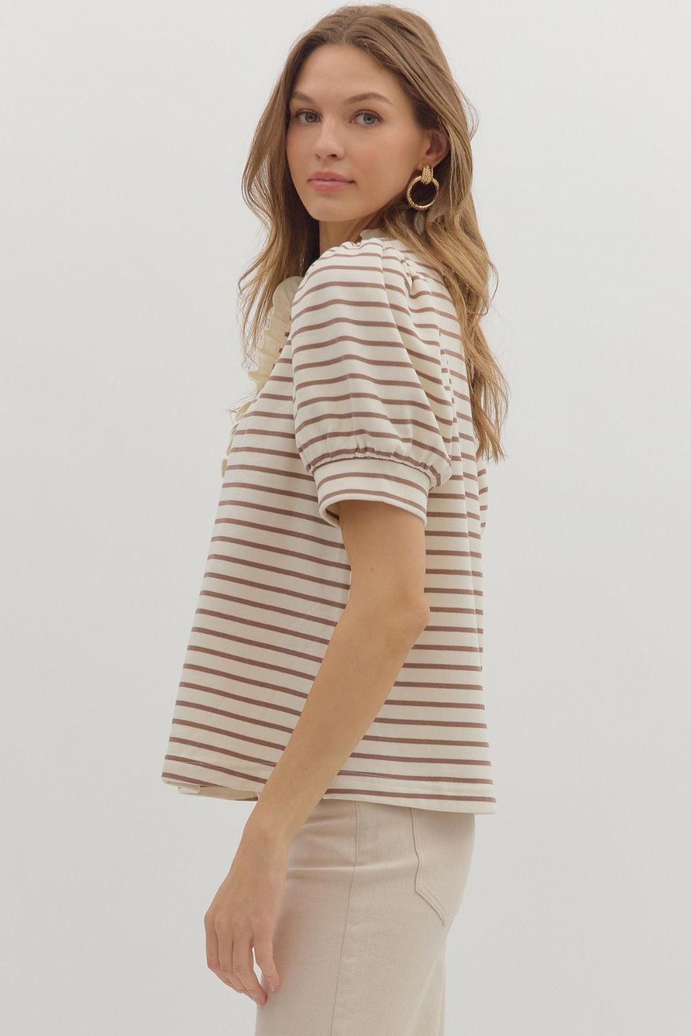 Cream & Mocha Striped Puff Sleeve Top