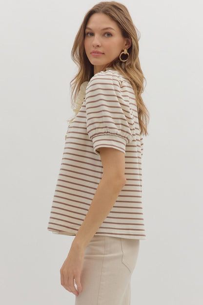 Cream & Mocha Striped Puff Sleeve Top