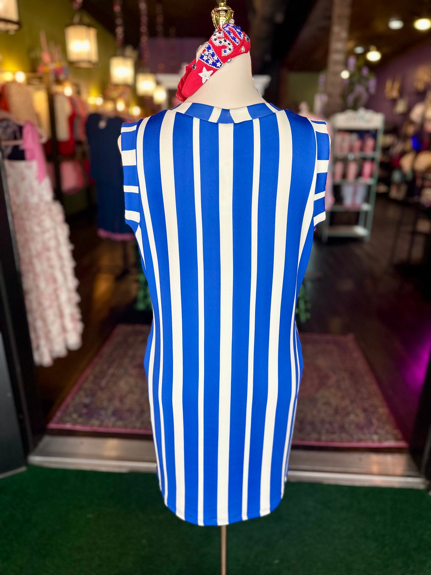 Royal Blue & White Striped Scuba Mini Dress