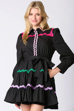 Load image into Gallery viewer, Black Tiered Dress w/ Multicolored Ricrac Trim
