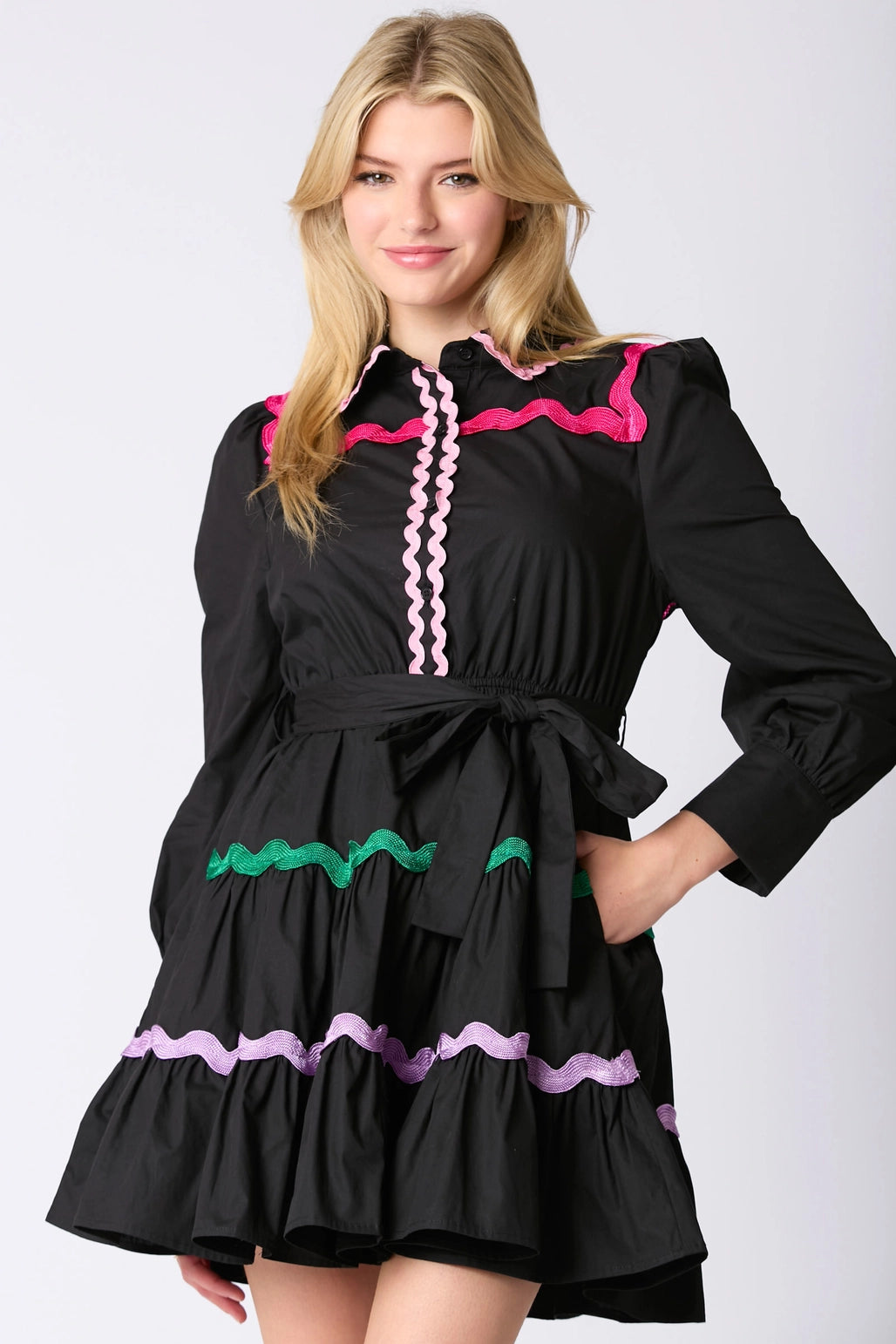 Black Tiered Dress w/ Multicolored Ricrac Trim