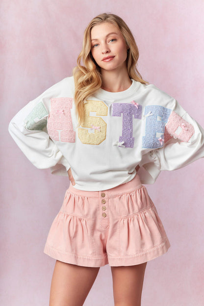 Tweed Embroidered “Easter” Cropped Sweatshirt