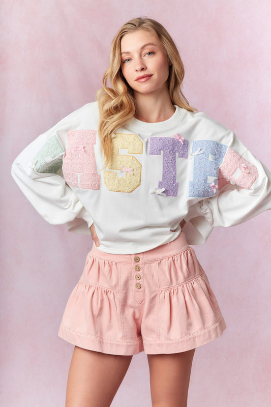Tweed Embroidered “Easter” Cropped Sweatshirt