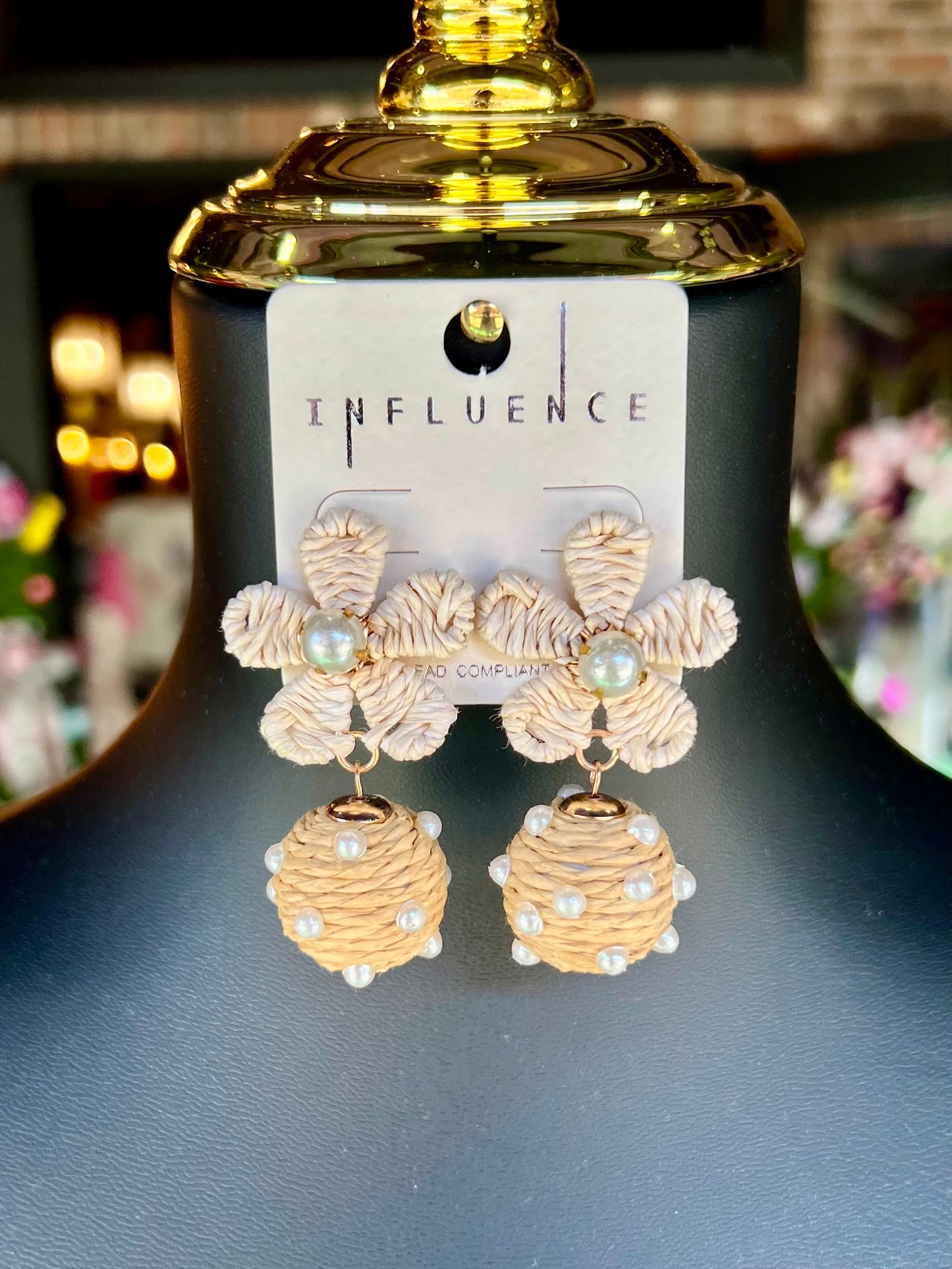 Pearl Embellished Raffia Flower & Ball Drop Earrings