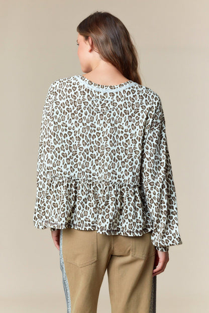 Leopard Print French Terry Ruffle Hem Sweatshirt