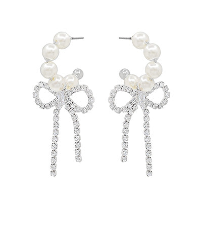 Silver Jeweled Bow & Peal Hoop Earrings