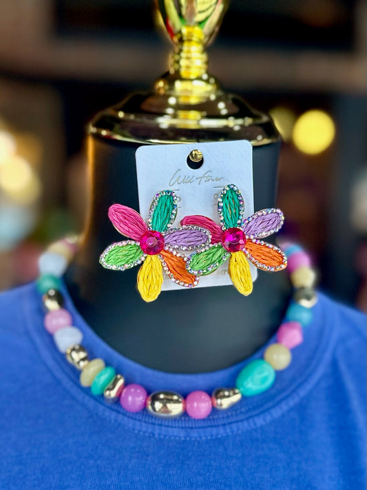 Multicolor Rhinestone Raffia Flower Studs