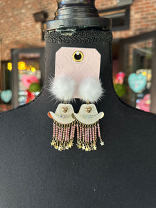 White Pompom Cowgirl hat earrings
