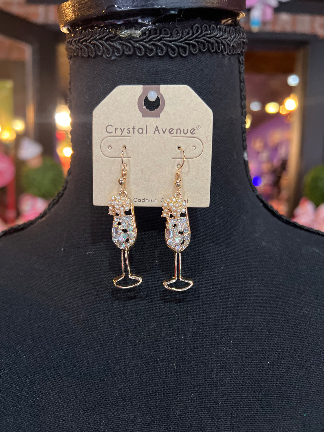 Crystal and pearl champagne glass earrings
